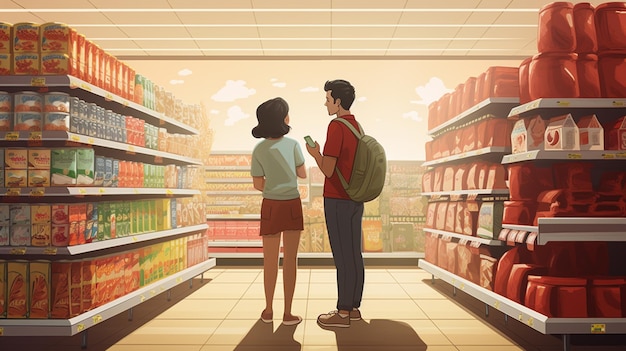 una pareja enamorada caminando por el supermercado