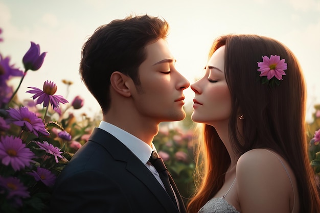 Una pareja enamorada en un campo de flores.