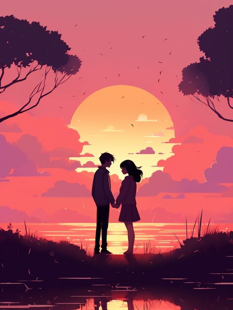 Una pareja enamorada bajo un cielo al atardecer