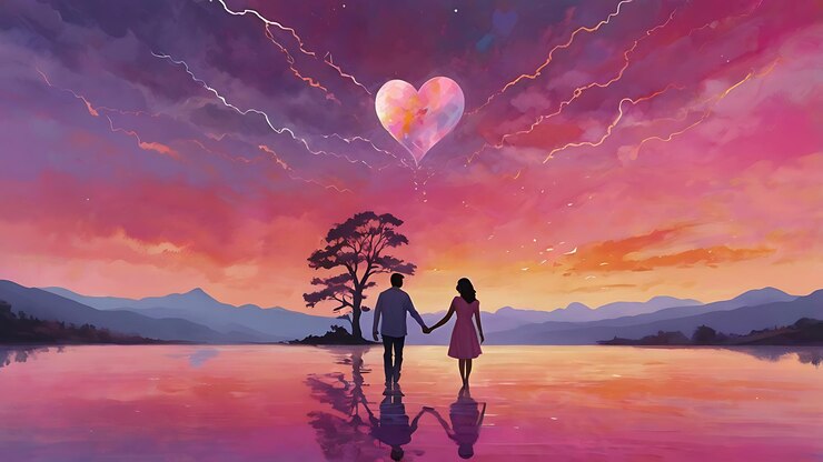 una pareja enamorada con un corazón en el cielo ilustración de pareja romántica