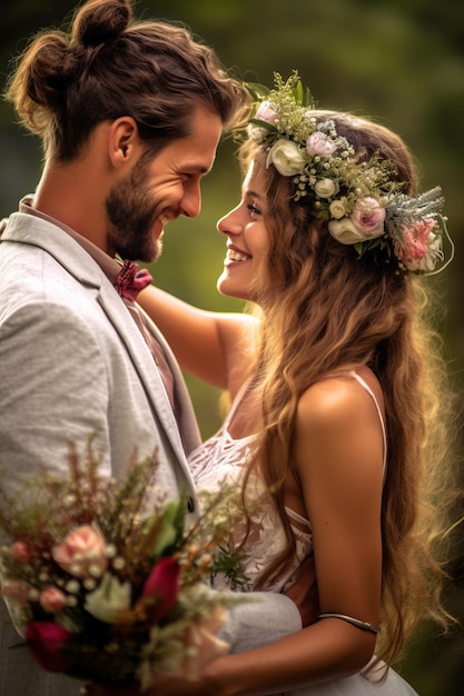 Una pareja enamorada de una corona de flores.