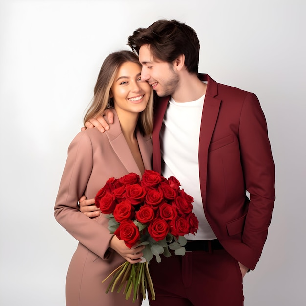 Una pareja enamorada disfrutando de la celebración del día de San Valentín con un gran ramo de flores feliz día de San Valentine