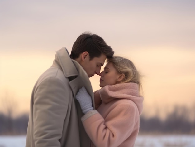 Una pareja enamorada está disfrutando de un romántico día de invierno.