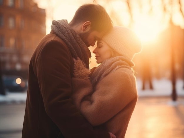 Una pareja enamorada está disfrutando de un romántico día de invierno.