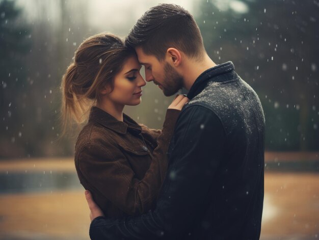 Una pareja enamorada está disfrutando de un romántico día de invierno.