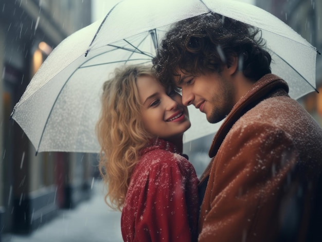 Una pareja enamorada está disfrutando de un romántico día de invierno.