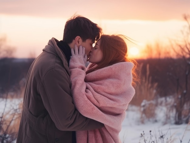 Una pareja enamorada está disfrutando de un romántico día de invierno.