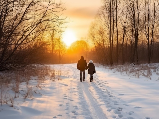 Una pareja enamorada está disfrutando de un romántico día de invierno.