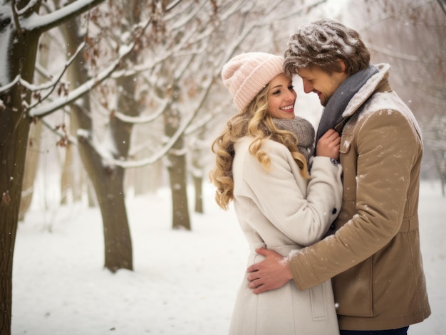 Una pareja enamorada está disfrutando de un romántico día de invierno.