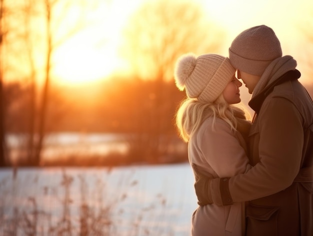 Una pareja enamorada está disfrutando de un romántico día de invierno.