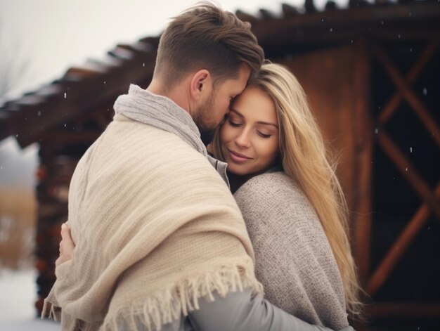 Una pareja enamorada está disfrutando de un romántico día de invierno.