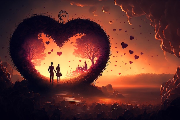 Una pareja enamorada está parada frente a un marco en forma de corazón con un marco en forma de corazón.