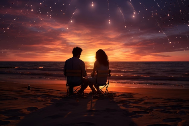 Una pareja enamorada está sentada en la playa mirando la puesta de sol Hermosa imagen ilustrativa AI generativa