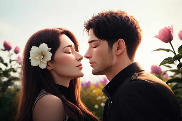 Una pareja enamorada de flores en el fondo.