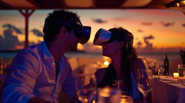 Foto una pareja enamorada con gafas de realidad virtual en una cita en un restaurante