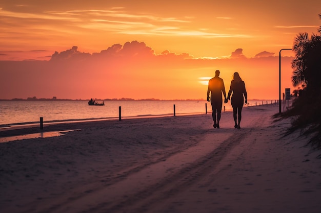 Pareja enamorada gente caminando en la playa en el sol naranja cielo puesta de sol AI generativa