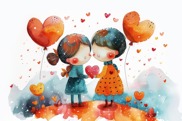 Una pareja enamorada con globos en forma de corazones sobre un fondo blanco Ilustración