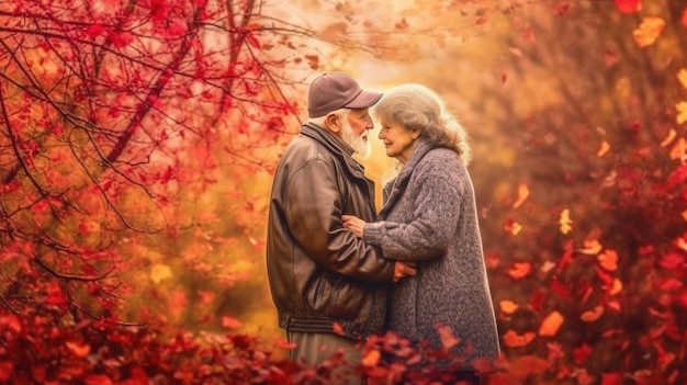 Una pareja enamorada de hojas rojas en el fondo.