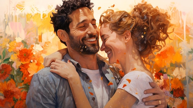 pareja enamorada, hombre y mujer, en, vestido rojo, con, flores, arte, pintura