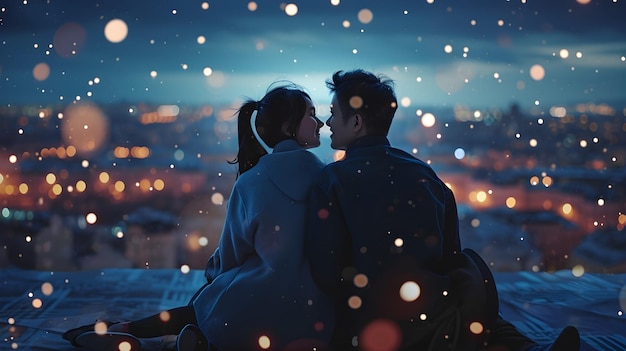 una pareja enamorada de las luces de la ciudad detrás de ellos