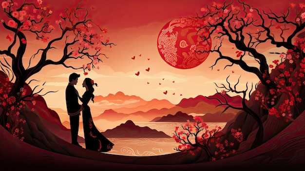 una pareja enamorada bajo una luna roja