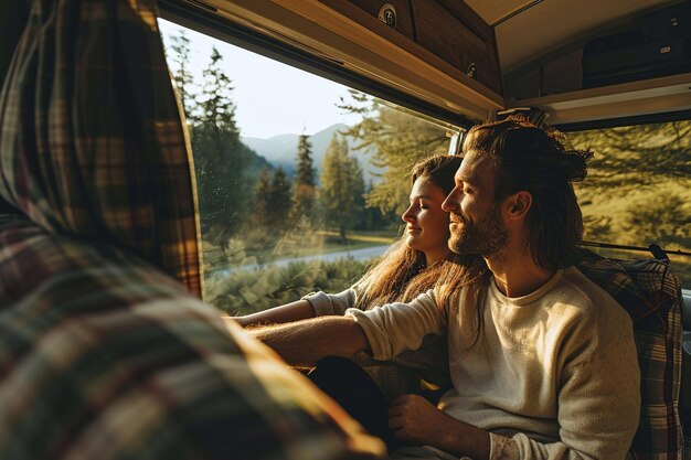 Foto una pareja enamorada mira desde dentro de una caravana a través de la ventana y disfruta de la naturaleza