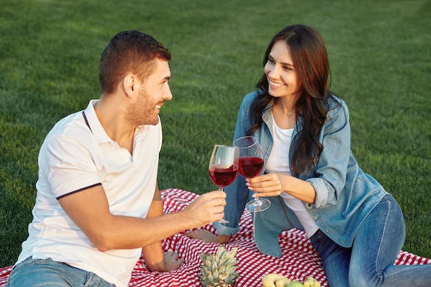 Pareja enamorada mirándose el uno al otro haciendo un pequeño picnic con frutas y haciendo clic con copas de vino sentados en la manta en el parque