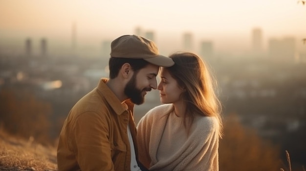 Una pareja enamorada mirándose y sonriendo.