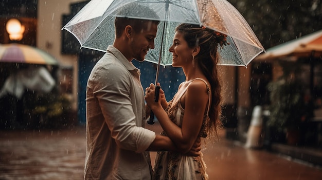 Una pareja enamorada bajo un paraguas bajo la lluvia.