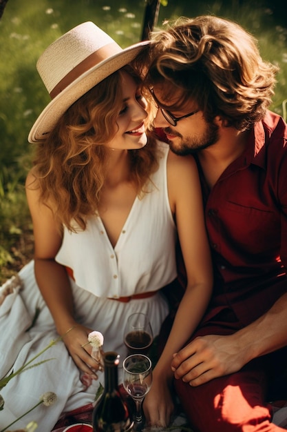 Una pareja enamorada en un picnic, gente feliz.