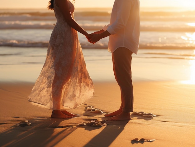 Una pareja enamorada en la playa al atardecer.