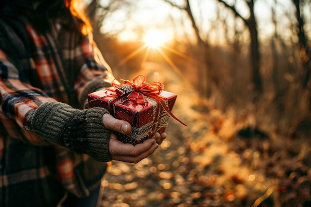 Foto pareja enamorada con un regalo rojo