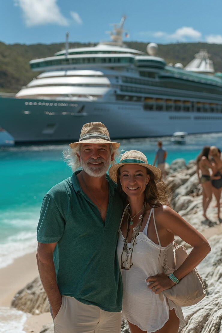 Una pareja enamorada se relaja en una isla tropical