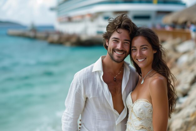 Una pareja enamorada se relaja en una isla tropical