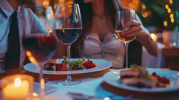Una pareja enamorada saboreando una noche romántica en un restaurante de lujo disfrutando de una buena cena y creando recuerdos duraderos de intimidad