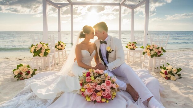 Una pareja enamorada sentada en una playa con un ramo de rosas