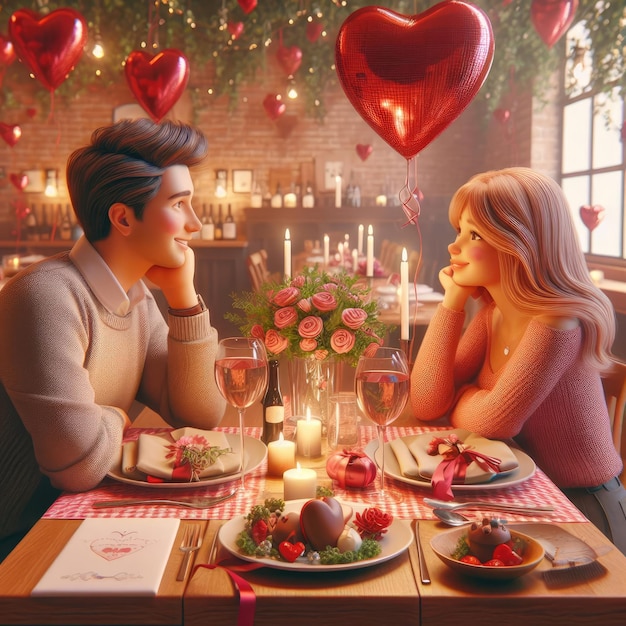 Una pareja enamorada se sienta en una mesa en un café en un ambiente romántico el día de San Valentín