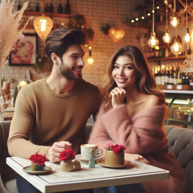Una pareja enamorada se sienta en una mesa en un café en un ambiente romántico el día de San Valentín