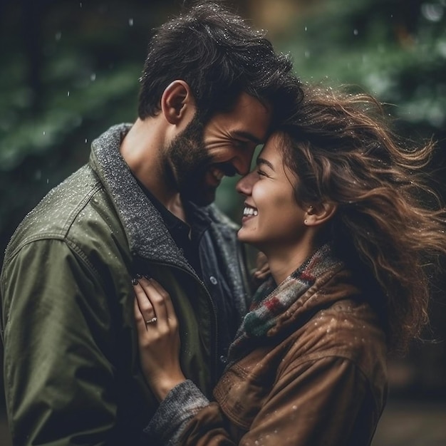 Una pareja enamorada sonriendo y mirándose bajo la lluvia