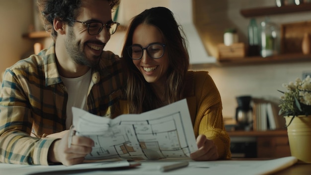 Una pareja enamorada sonriendo sobre los planos de la casa soñando con su futuro hogar