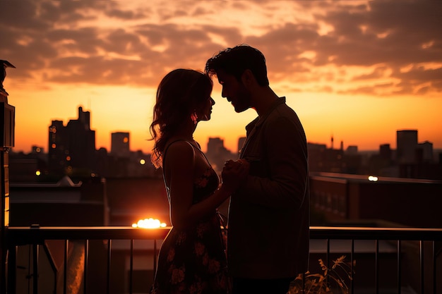 Una pareja enamorada en el techo en los brazos de la puesta de sol