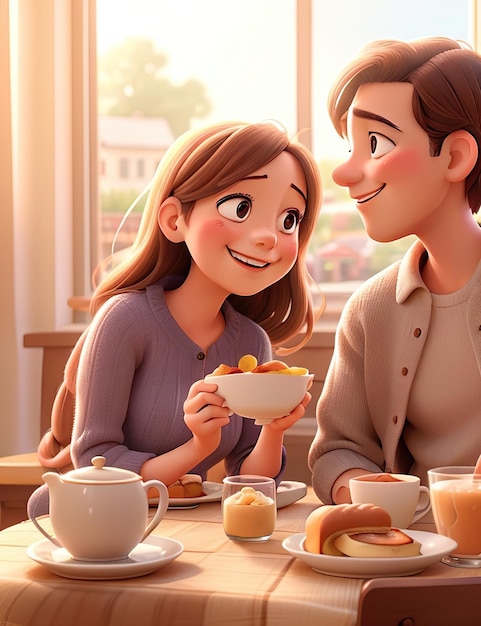 pareja enamorada tomando el desayuno por la mañana luz animación 3d