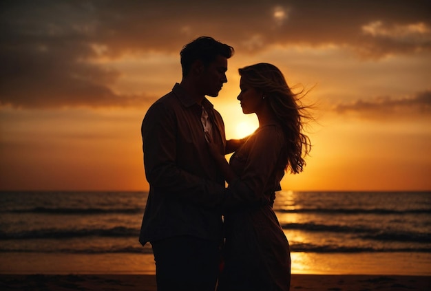 Pareja enamorada vista romántica contra la puesta de sol