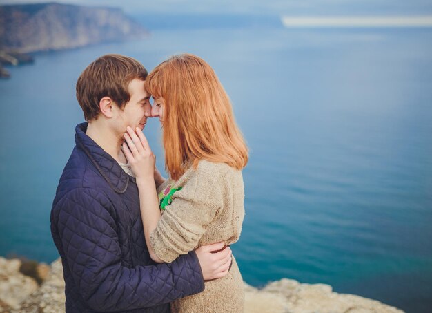 pareja, enamorado, relajante, montaña, costa