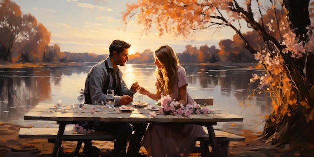 Una pareja de enamorados en una alfombra blanca hacen un picnic contra el telón de fondo de una puesta de sol en las montañas