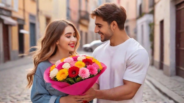 una pareja encantadora sosteniendo bolsas en la ciudad amor para el día de San Valentín regalando un ramo de flores