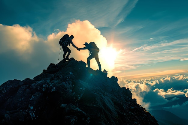 Una pareja se encuentra orgullosa en la cima de una montaña con vistas al vasto paisaje de abajo Un agarre de amistad como un excursionista ayuda a otro a alcanzar la cumbre Generado por IA