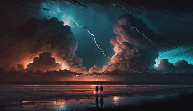Una pareja se encuentra en una playa bajo una tormenta.