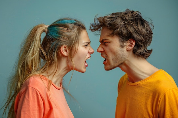 Una pareja enojada gritando el uno al otro aislada en un fondo gris fotografía de stock detallada