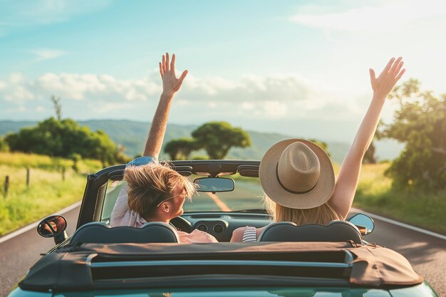 Foto una pareja de escapada romántica conduciendo por el campo